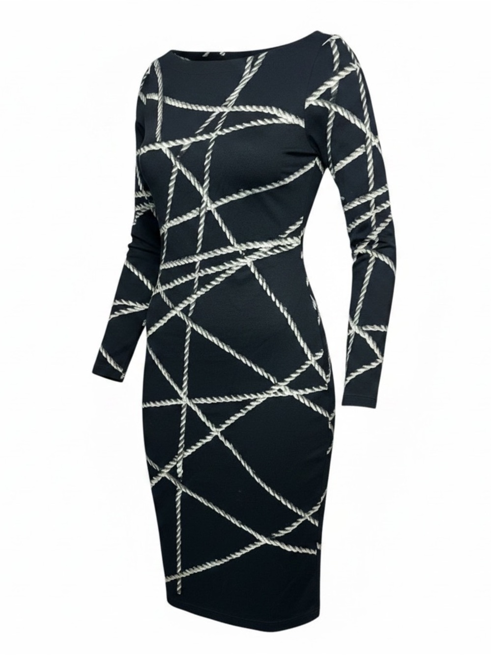 Isabel de Pedro Black Rope Print Stretch Bodycon Midi Dress | US 10